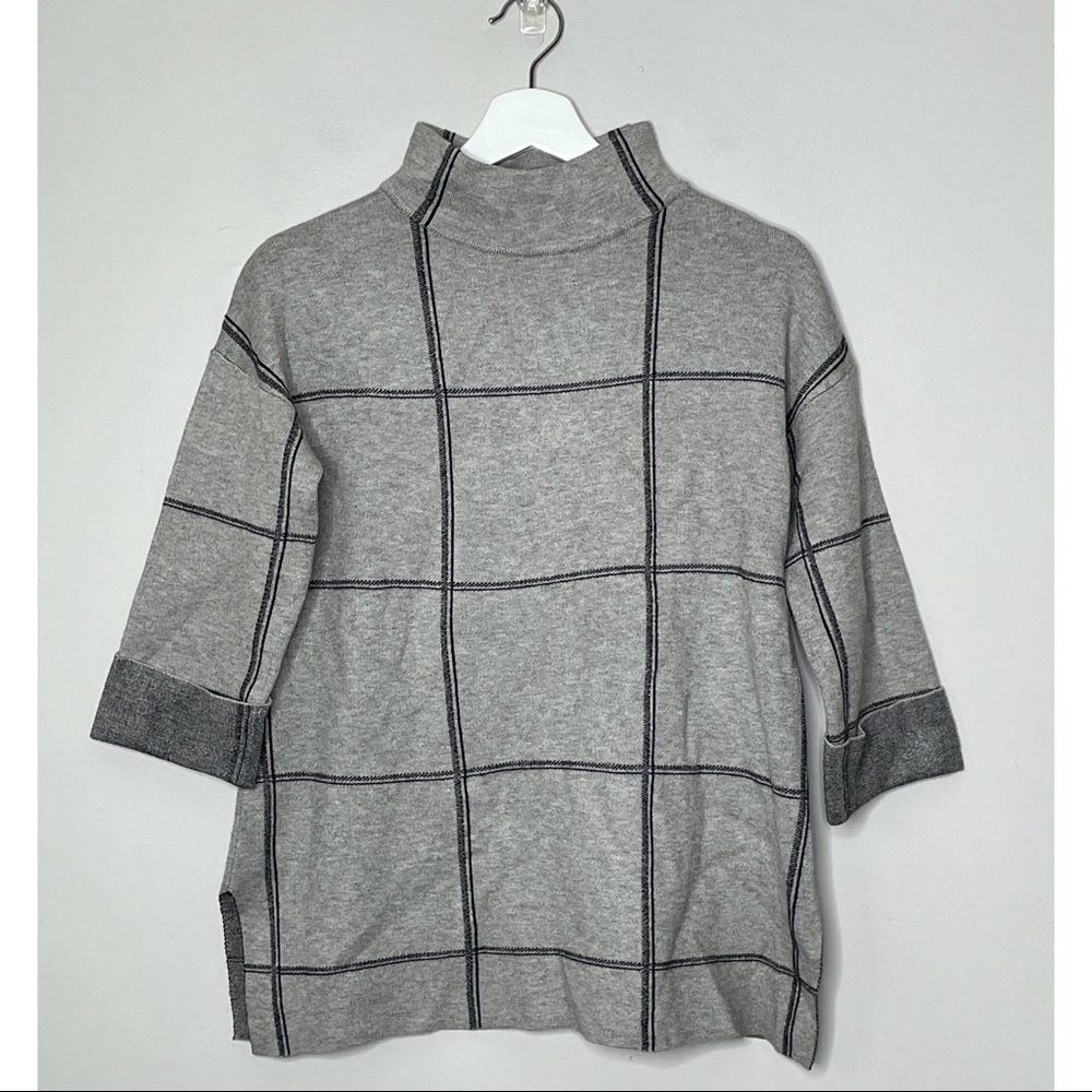 TAHARI | Gray Plaid Windowpane Mock Neck Sweater‎ | XS